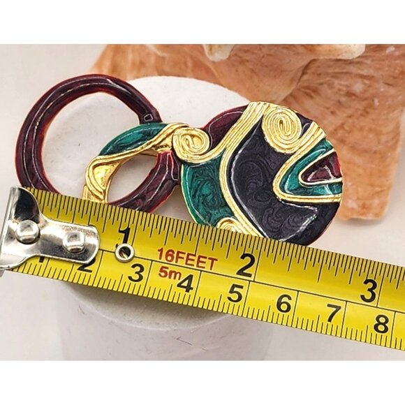 VTG ECD 90s Jewel Tones Circle Gold Tone Enamel Brooch Pin Abstract Detail Fall - Picture 4 of 4